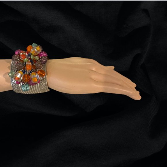 VINTAGE BRACELET -- Wide Silver Cuff Bracelet with Beads & Crystals, Aztec Vibe - Picture 7 of 8